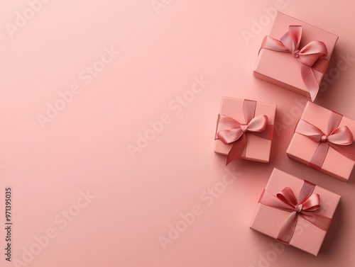 Flatlay of jewelry boxes in various sizes, tied with silk ribbons, pastel pink background, minimalist packaging concept, top view