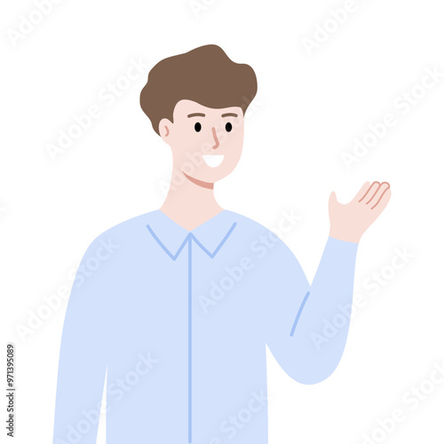 Smiling businessman introducing. Business Presentation, information guidance concept. Use for website, app. Flat vector character design illustration isolated on white background.