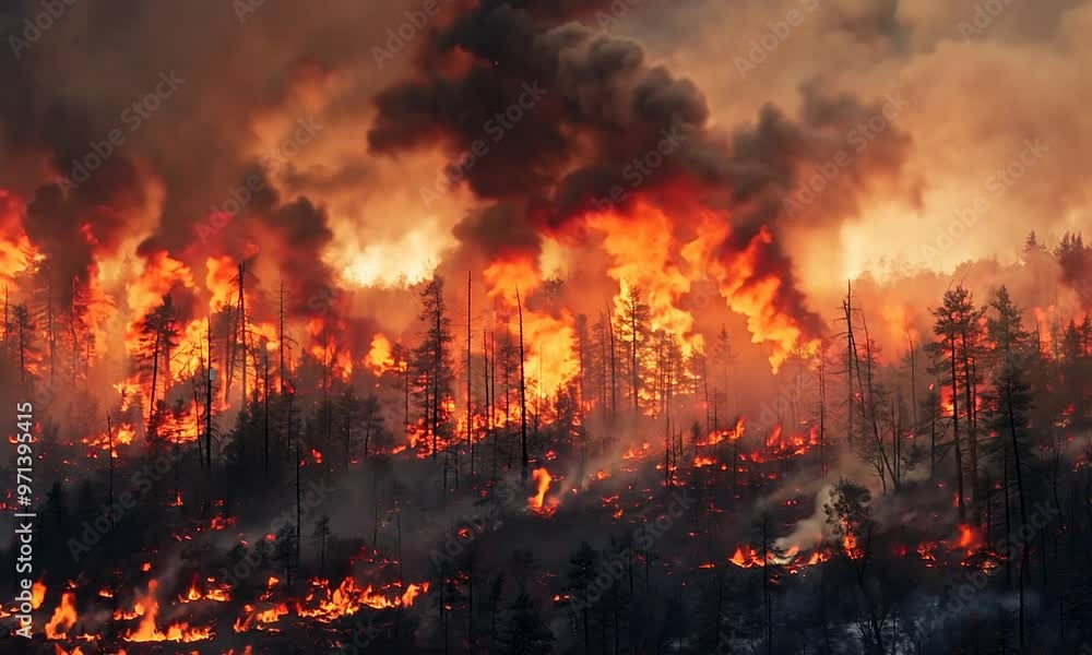 A forest fire is raging through a wooded area, with smoke A forest fire is raging through a wooded area, with smoke