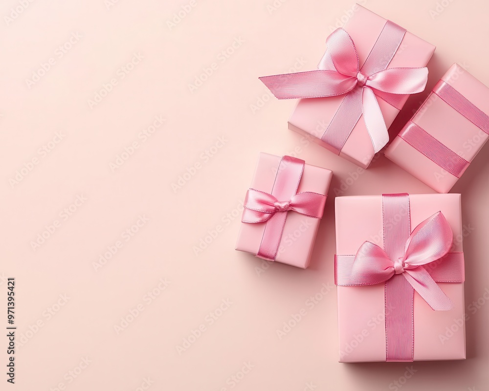 Jewelry boxes arranged symmetrically, tied with silk ribbons, pastel beige background, soft lighting, luxury design, top view Jewelry boxes arranged symmetrically, tied with silk ribbons, pastel beige background, soft lighting, luxury design, top view