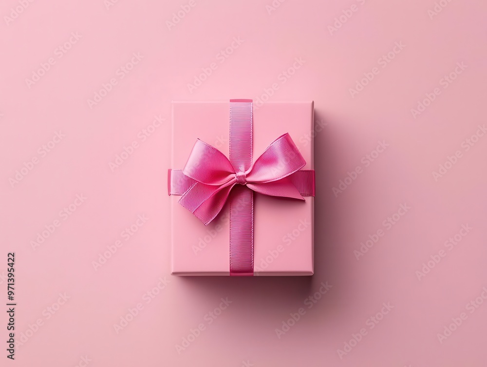 Single jewelry box with a glossy finish, tied with a silk ribbon, pastel pink background, elegant and minimalist, top view Single jewelry box with a glossy finish, tied with a silk ribbon, pastel pink background, elegant and minimalist, top view