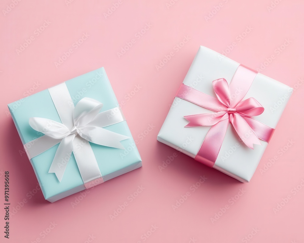 Flatlay of jewelry boxes with ribbon and gift wrapping, pastel tones, clean design, soft shadows, top view Flatlay of jewelry boxes with ribbon and gift wrapping, pastel tones, clean design, soft shadows, top view