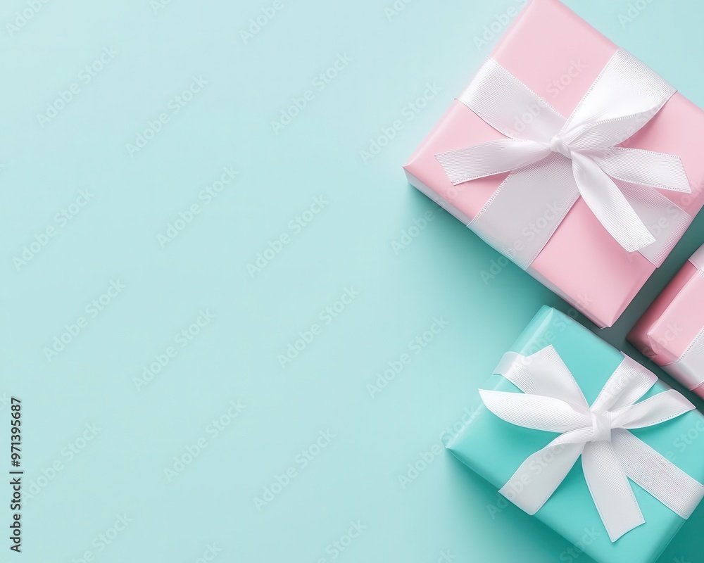 Flatlay of jewelry boxes with ribbon and gift wrapping, pastel tones, clean design, soft shadows, top view Flatlay of jewelry boxes with ribbon and gift wrapping, pastel tones, clean design, soft shadows, top view