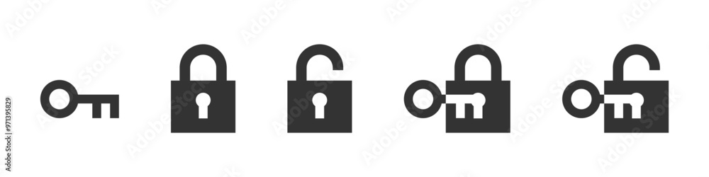 Key and lock in locked and unlocked positions illustration isolated for UI. Vector icons in flat style Key and lock in locked and unlocked positions illustration isolated for UI. Vector icons in flat style