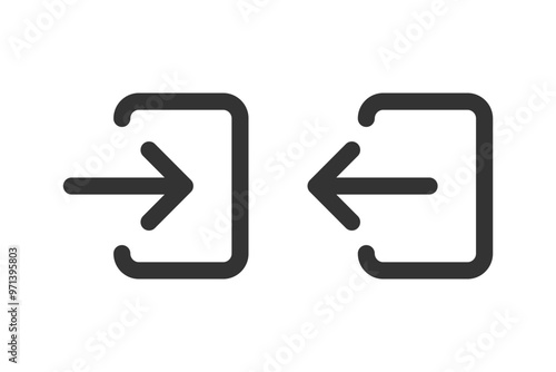 Log in and log out outlined black illustration with door and arrow isolated. Vector icons in flat style