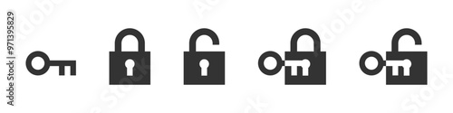 Key and lock in locked and unlocked positions illustration isolated for UI. Vector icons in flat style