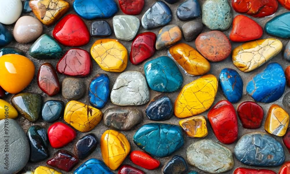 A colorful mosaic of rocks with a variety of colors including red, yellow A colorful mosaic of rocks with a variety of colors including red, yellow