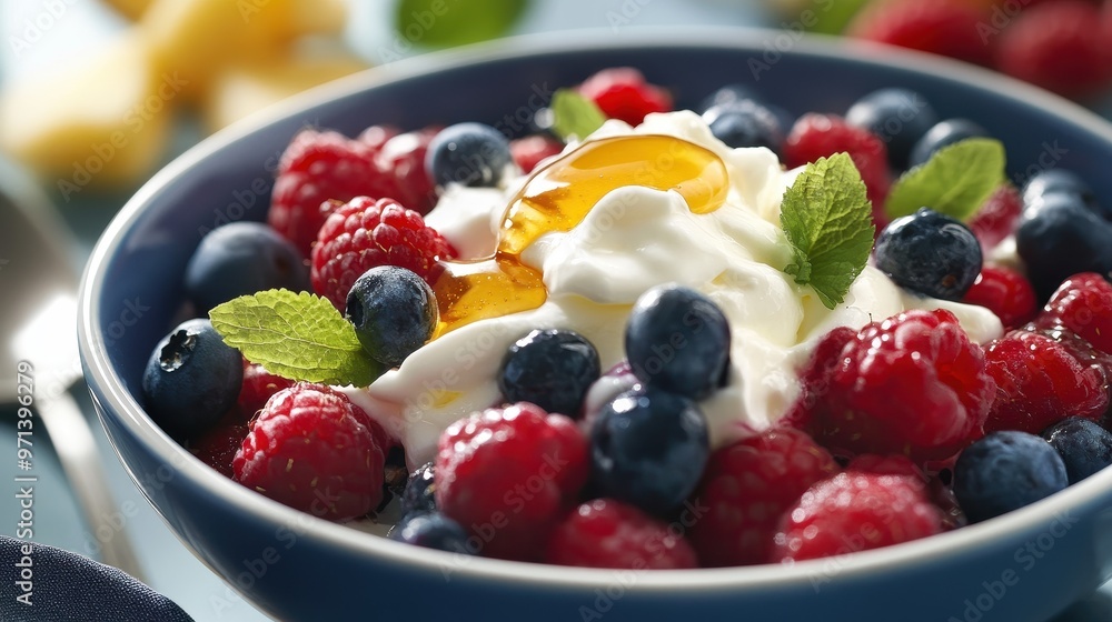 Refreshing Summer Delight - Bowl of Mixed Berries with Honey and Greek Yogurt Refreshing Summer Delight - Bowl of Mixed Berries with Honey and Greek Yogurt