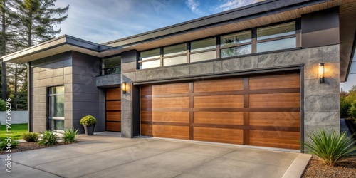 Luxury modern garage door with faux wood glass windows on dark grey house with concrete driveway