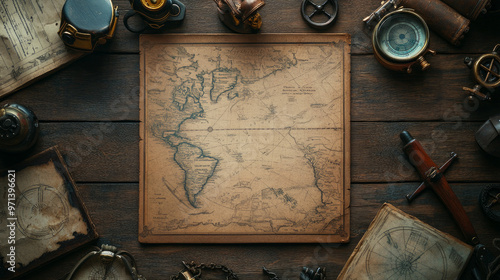 Vintage pirate-themed background with nautical elements like maps, compasses, and ship brochures, in a magazine-style layout. photo