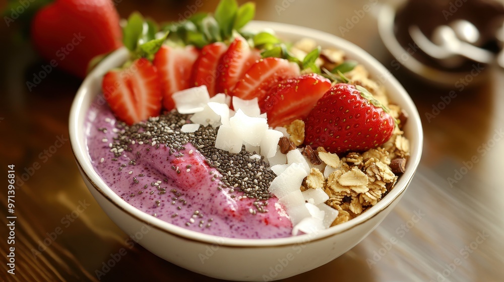 Vibrant Acai Bowl with Fresh Toppings and Honey Drizzle - Healthy and Trendy Breakfast Concept Vibrant Acai Bowl with Fresh Toppings and Honey Drizzle - Healthy and Trendy Breakfast Concept