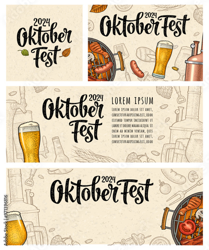 Oktoberfest 2024 calligraphic handwriting. Beer glass, barbecue grill, bottle, sausage, hop branch. Vintage color vector engraving illustration on beige