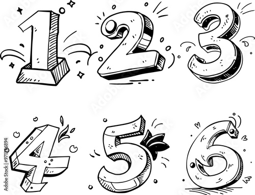 Volumetric numbers one, two, three, four, five and six on transparent background. Set of vector line sketches in retro groovy style