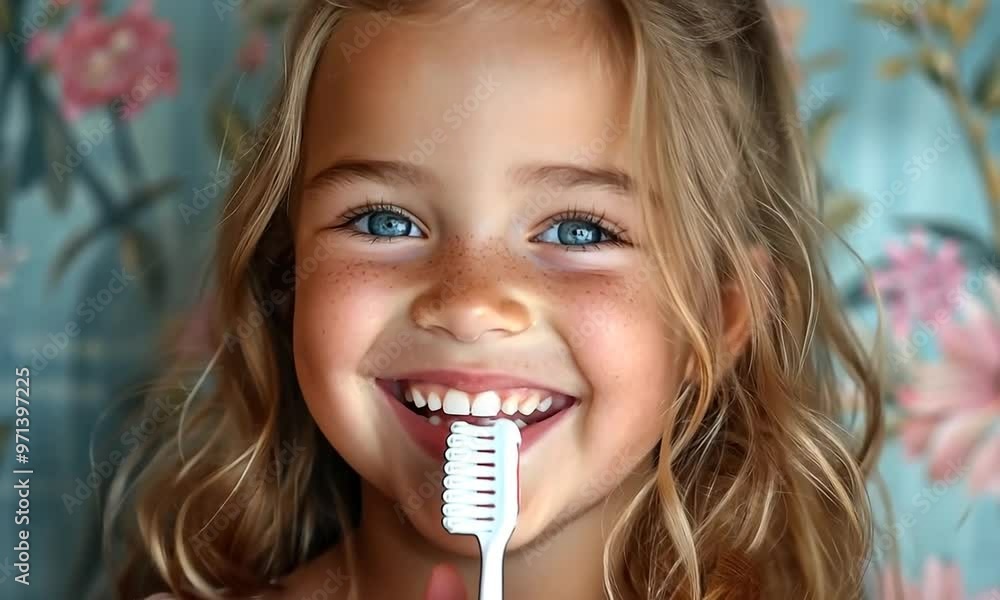 A young girl is smiling and holding a toothbrush A young girl is smiling and holding a toothbrush
