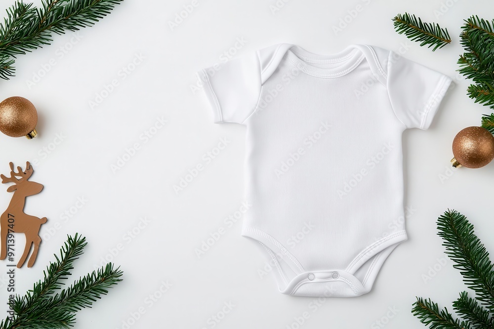 White baby bodysuit on a snowy surface with reindeer and festive Christmas ornaments White baby bodysuit on a snowy surface with reindeer and festive Christmas ornaments