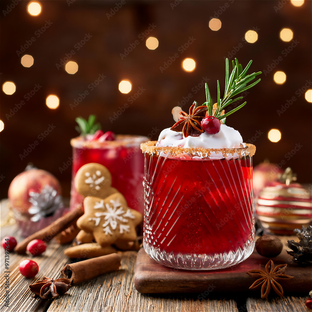 Festive holiday cocktail with cranberries, rosemary, and gingerbread cookies, cozy Christmas setting Festive holiday cocktail with cranberries, rosemary, and gingerbread cookies, cozy Christmas setting