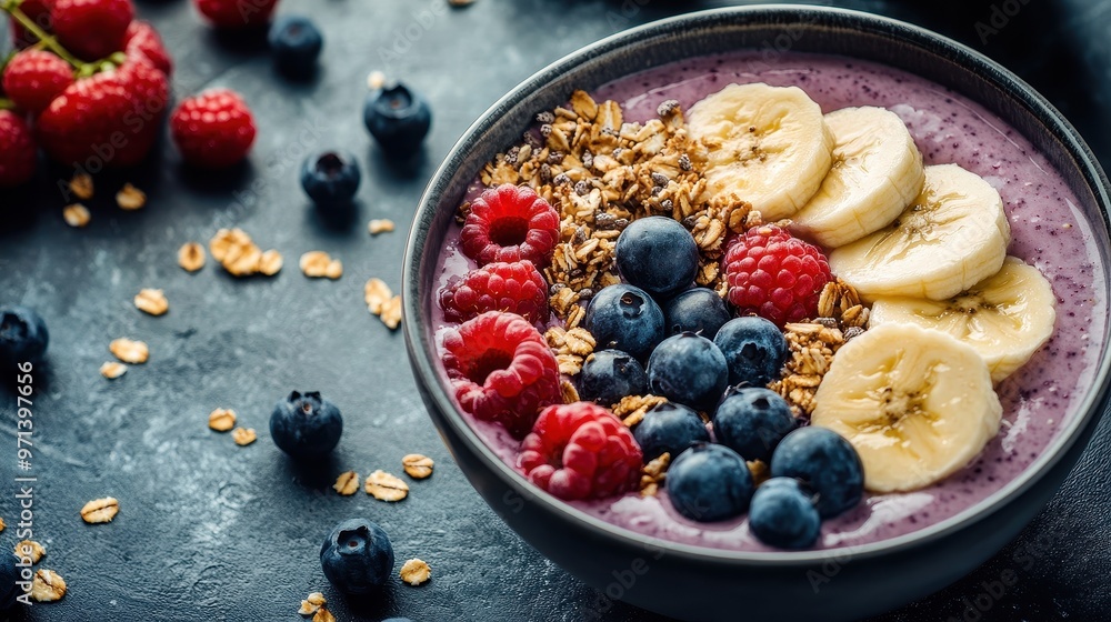 Vibrant Acai Smoothie Bowl with Fresh Berries, Banana Slices, and Granola - Healthy Breakfast Option Vibrant Acai Smoothie Bowl with Fresh Berries, Banana Slices, and Granola - Healthy Breakfast Option