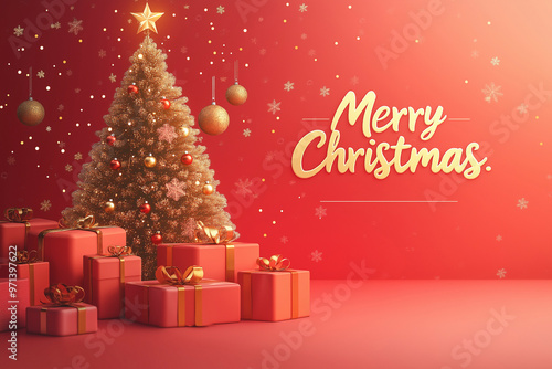 Festive Christmas background featuring a 3D tree adorned with gifts and a cheerful Merry Christmas message for holiday celebrations