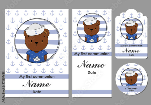 First communion card, bookmark, label and sticker set for boy. Bear dressed as a sailor
