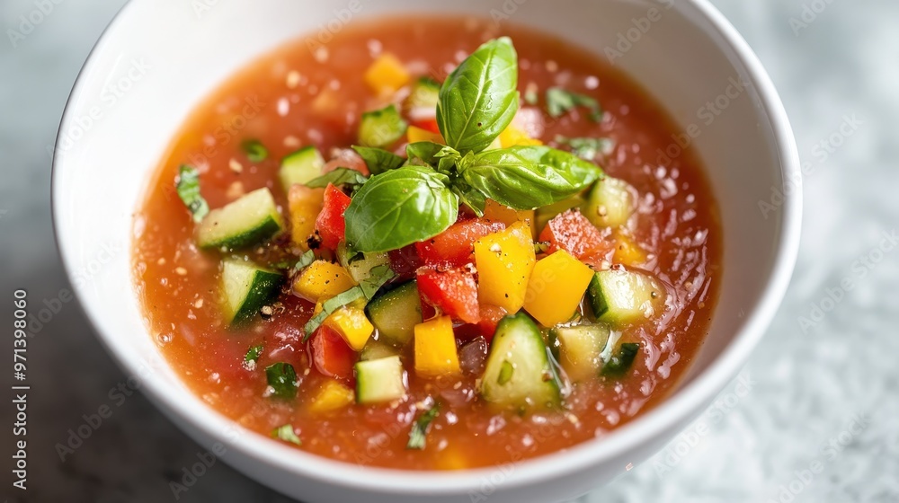 Summer Vibes: Refreshing Gazpacho Bowl with Vibrant Veggie Garnishes and Basil Sprig Summer Vibes: Refreshing Gazpacho Bowl with Vibrant Veggie Garnishes and Basil Sprig