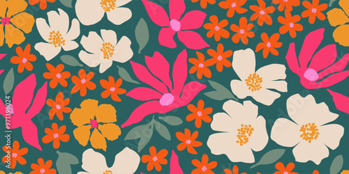 Exotic hand drawn flowers, seamless patterns with floral for fabric, textiles, clothing, wrapping paper, cover, banner, home decor, abstract backgrounds.