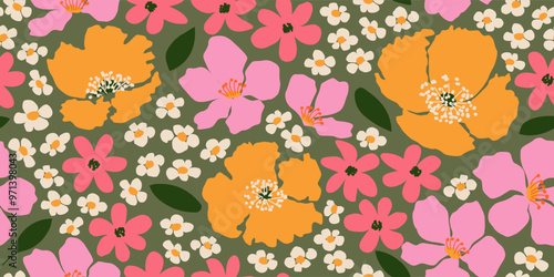 Exotic hand drawn flowers, seamless patterns with floral for fabric, textiles, clothing, wrapping paper, cover, banner, home decor, abstract backgrounds.