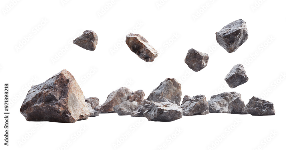 A group of rocks, some floating in mid-air, on a white background. A group of rocks, some floating in mid-air, on a white background.