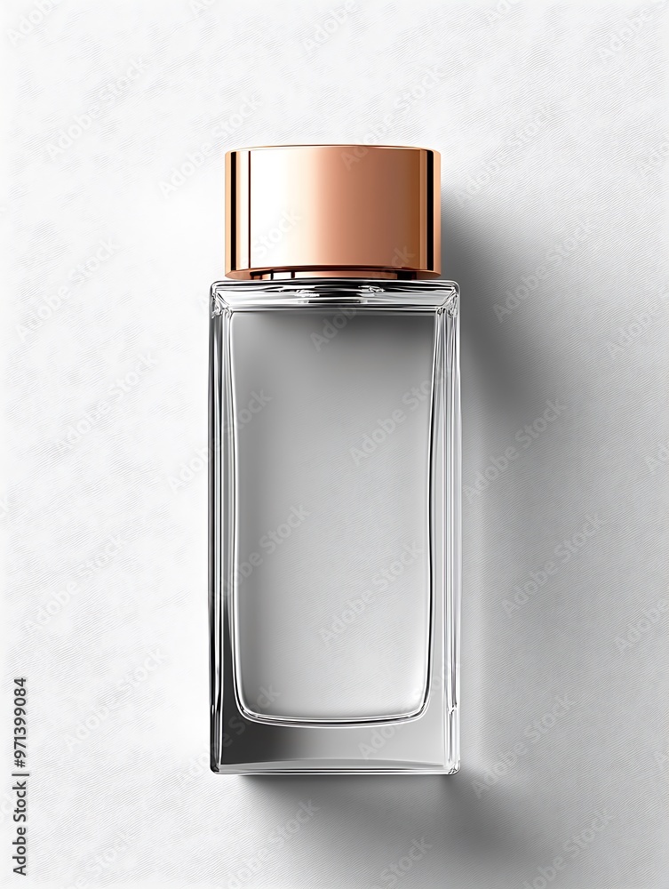A clear glass perfume bottle with a rose gold cap sits on a white background. A clear glass perfume bottle with a rose gold cap sits on a white background.