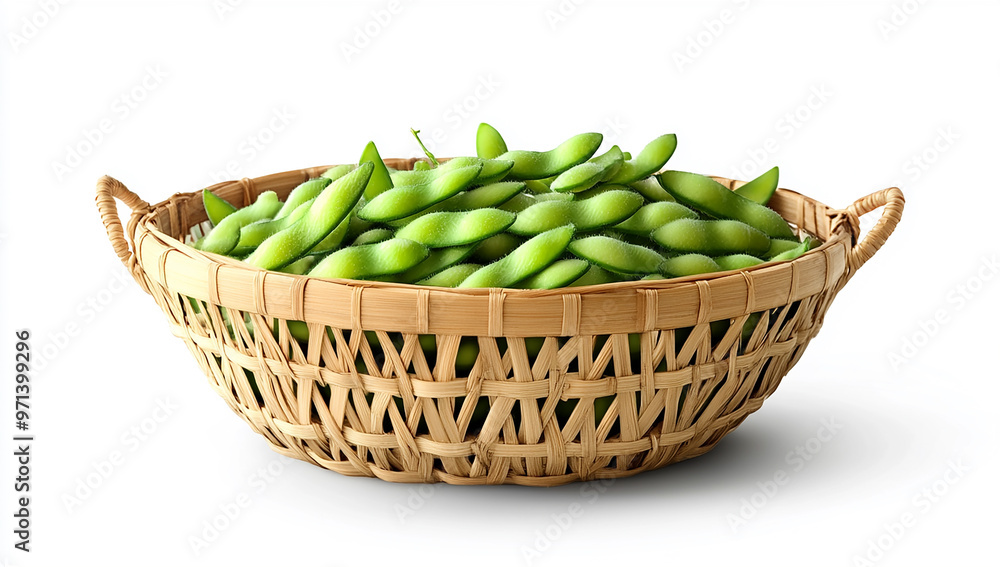 A bamboo basket filled with edamame beans, isolated on a white background A bamboo basket filled with edamame beans, isolated on a white background
