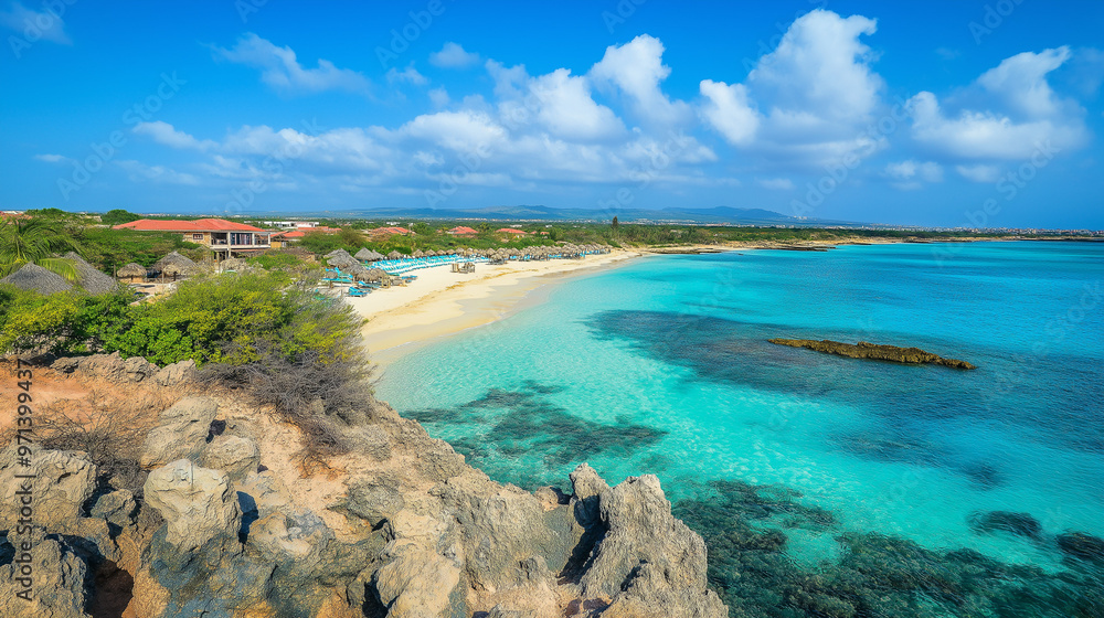 Obraz premium Eagle Beach, Aruba, the most beautiful view, beautiful sky, clear sea, beautiful clouds, good weather.