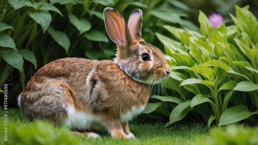 A brown rabbit sitting among green foliage in a garden setting. A brown rabbit sitting among green foliage in a garden setting.