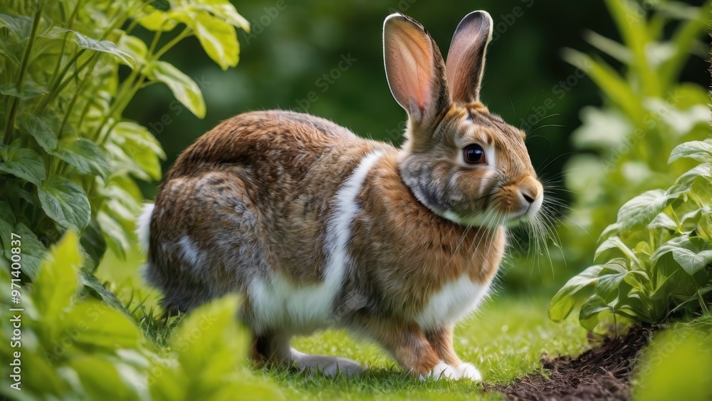 Fototapeta premium A rabbit in a lush garden setting, showcasing its natural habitat.