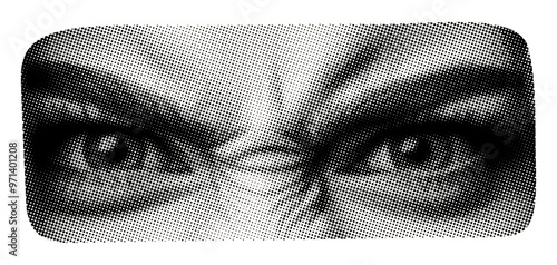 face part with eyes angry look isolated retro grunge halftone dotted effect old newspaper print cut-out collage element