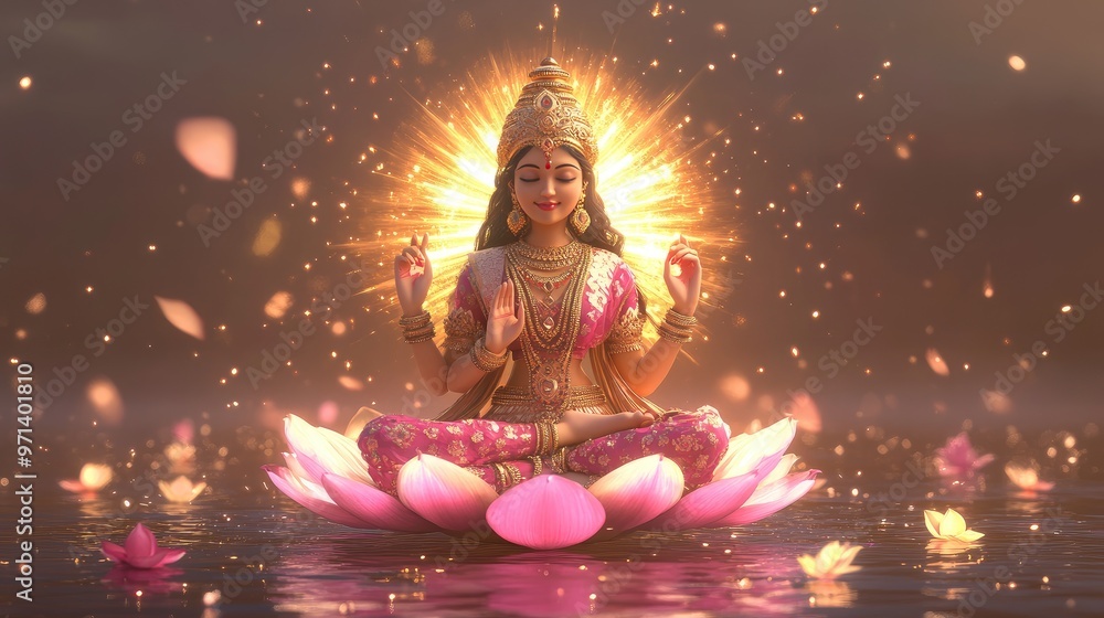 Realistic 3D cartoon of Lakshmi seated on a lotus, with divine light radiating, embodying spiritual creativity and abundance. No people. Realistic 3D cartoon of Lakshmi seated on a lotus, with divine light radiating, embodying spiritual creativity and abundance. No people.