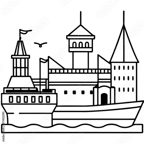 Wallpaper Mural seaport outline coloring book page line art drawing Torontodigital.ca