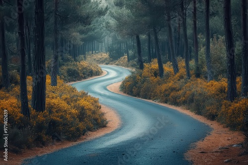 Bicycle path winding through a pine forest, inviting and serene