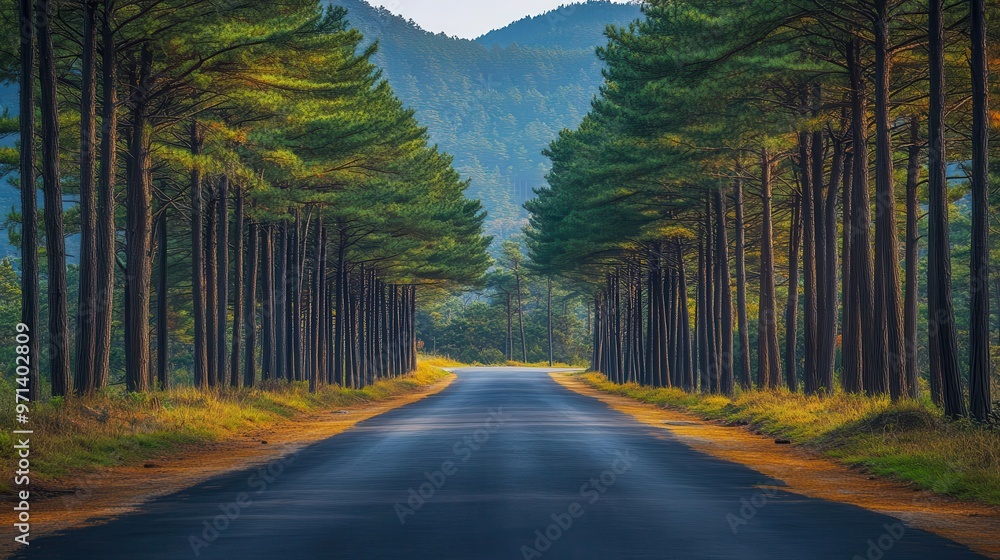 Obraz premium Empty road lined with towering pine trees, peaceful and isolated