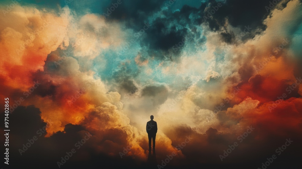 Fototapeta premium Facing my Faith. Conceptual image of a man standing in front of a dreamy cloudscape.