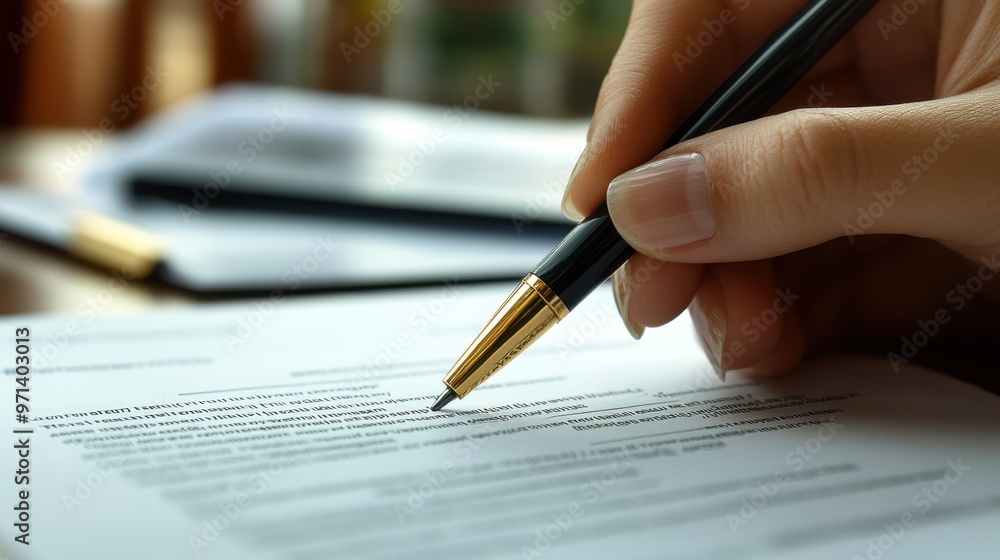 A detailed shot of a hand holding a pen poised to sign a contract during a high-stakes negotiation, with other documents spread out on the table