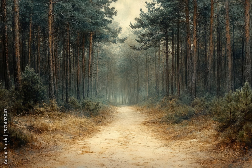 Obraz premium Pathway through pine forest park, inviting and serene for a stroll