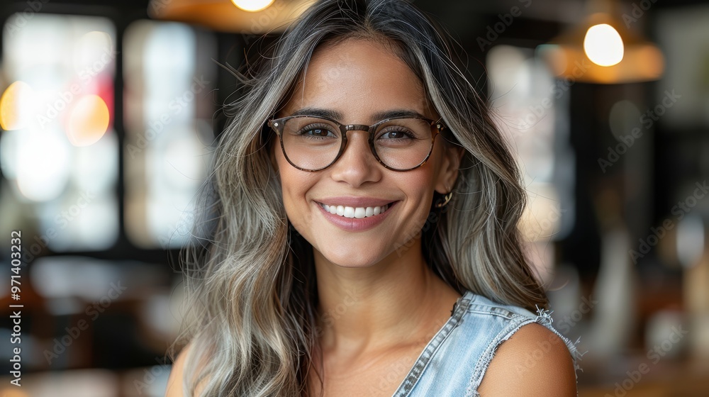 A young woman with long hair wearing glasses and a denim outfit, smiling brightly with soft lighting in a cozy indoor setting in the background A young woman with long hair wearing glasses and a denim outfit, smiling brightly with soft lighting in a cozy indoor setting in the background