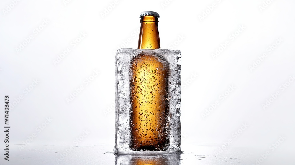 Beer soaked in square ice cubes and white background Beer soaked in square ice cubes and white background