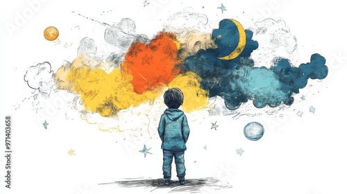 Image of little boy looking at colorful clouds with moon and stars on it. photo