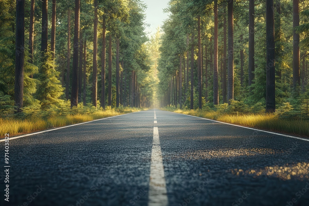 Fototapeta premium Road disappearing into the distance among tall pines, endless possibilities