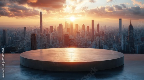 Podium with urban skyline backdrop, modern city life