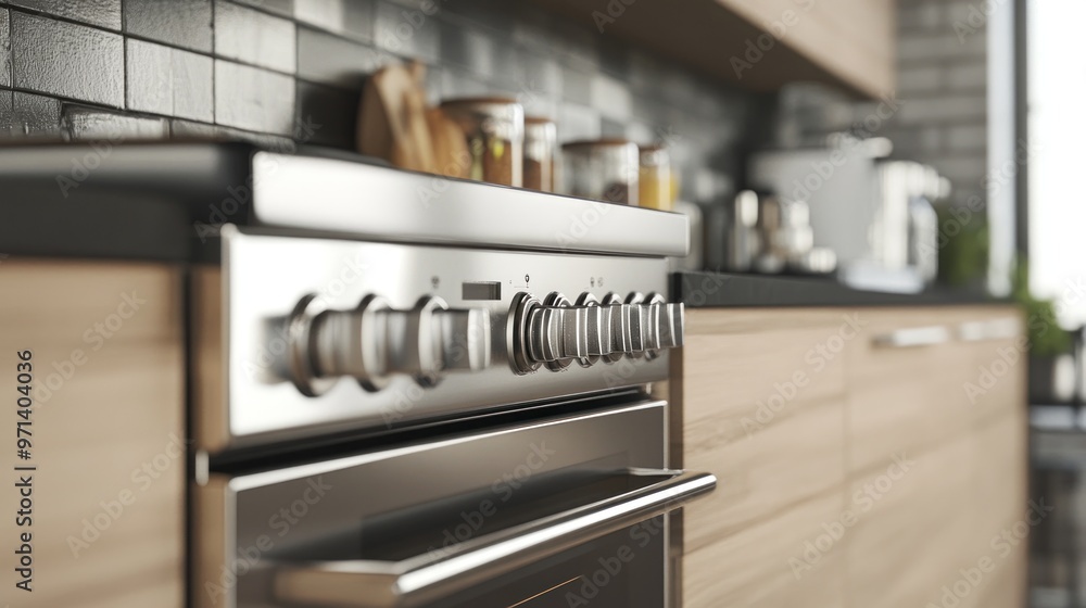 Modern kitchen interior with wooden cabinets, stainless steel appliances, and large windows overlooking nature Modern kitchen interior with wooden cabinets, stainless steel appliances, and large windows overlooking nature