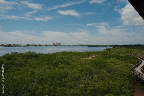 High Wide view from observation tower of Leading Lines of a zig zag wood nature trail on the right into Green trees. Bright sunshine with blue sky and white clouds at Boca Ciega Millennium Park, Wood  photo