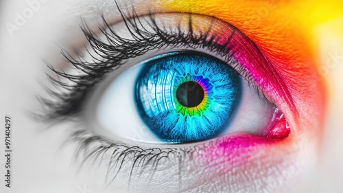 Close-up of blue eye with vibrant rainbow colors around it
