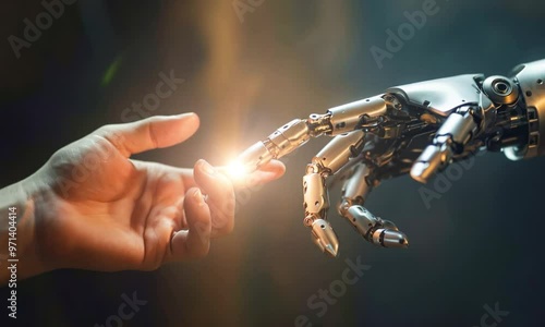 A robot hand is touching a human hand