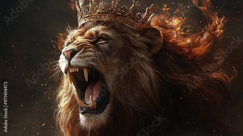 A majestic lion with a golden crown roars with its mane blowing in the wind. photo